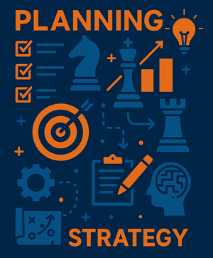 i need a very vertical image to fit next to this bulleted list. Please create a graphic that shows planning and strategy, using the colors Deep Blue (#003366) and Vibrant Orange (#FF6600)